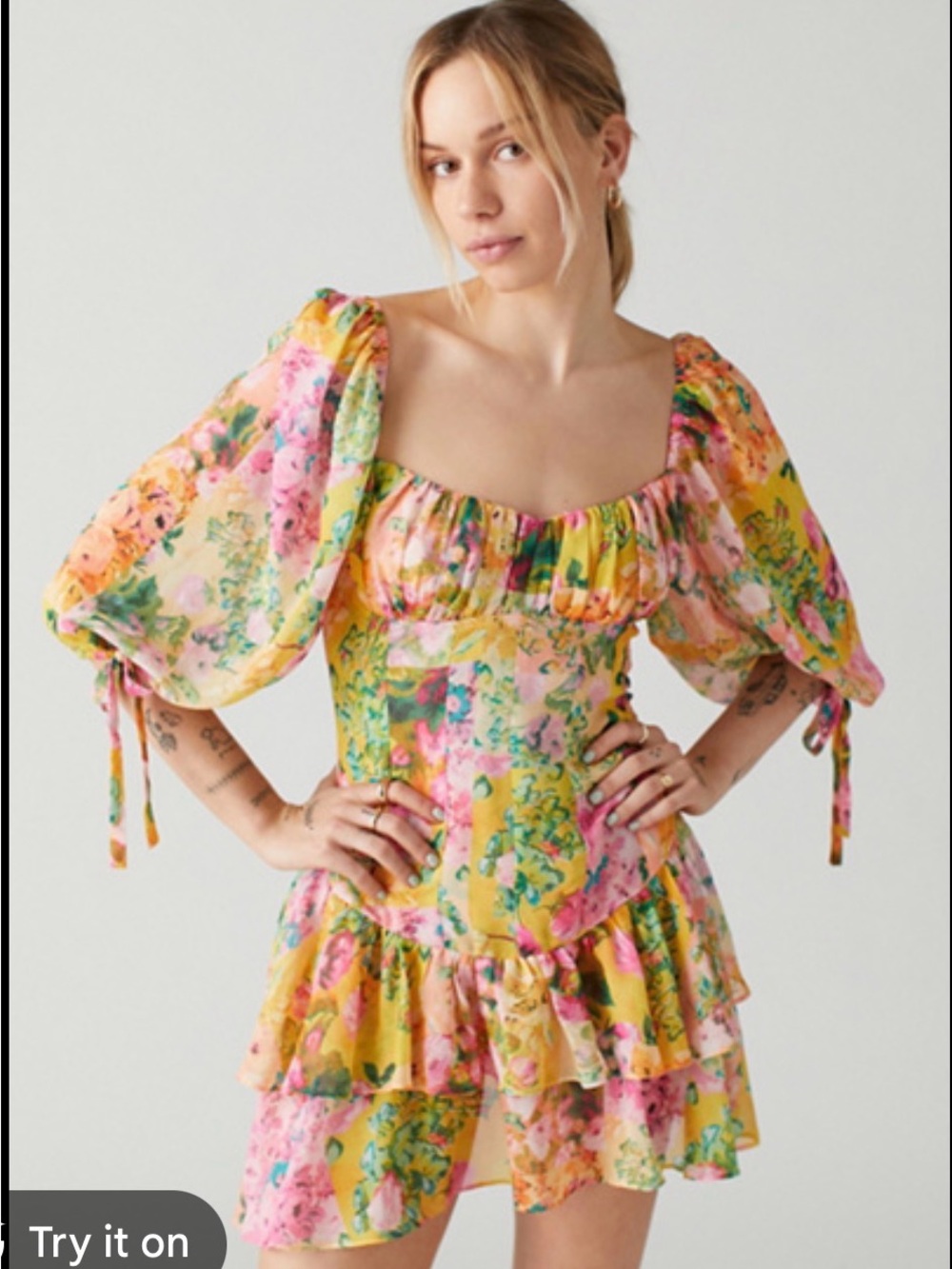 For Love & Lemons Nina Floral Puff-Sleeve Mini Dress in Yellow & Pink